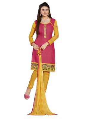 Inddus Pink Cotton Printed Unstitched Dress Material With Chiffon Dupatta 1