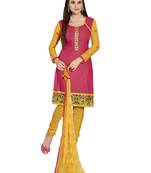 Inddus Pink Cotton Printed Unstitched Dress Material With Chiffon Dupatta