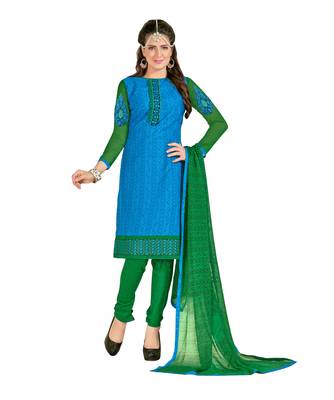 Inddus Green Cotton Printed Unstitched Dress Material With Chiffon Dupatta 1