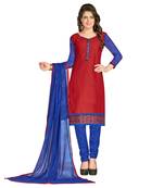 Inddus Red Cotton Printed Unstitched Dress Material With Chiffon Dupatta
