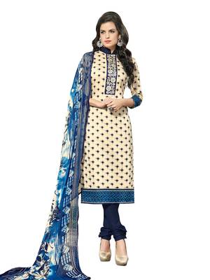 Inddus Beige Cotton Printed Unstitched Dress Material With Chiffon Dupatta 1