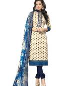 Inddus Beige Cotton Printed Unstitched Dress Material With Chiffon Dupatta