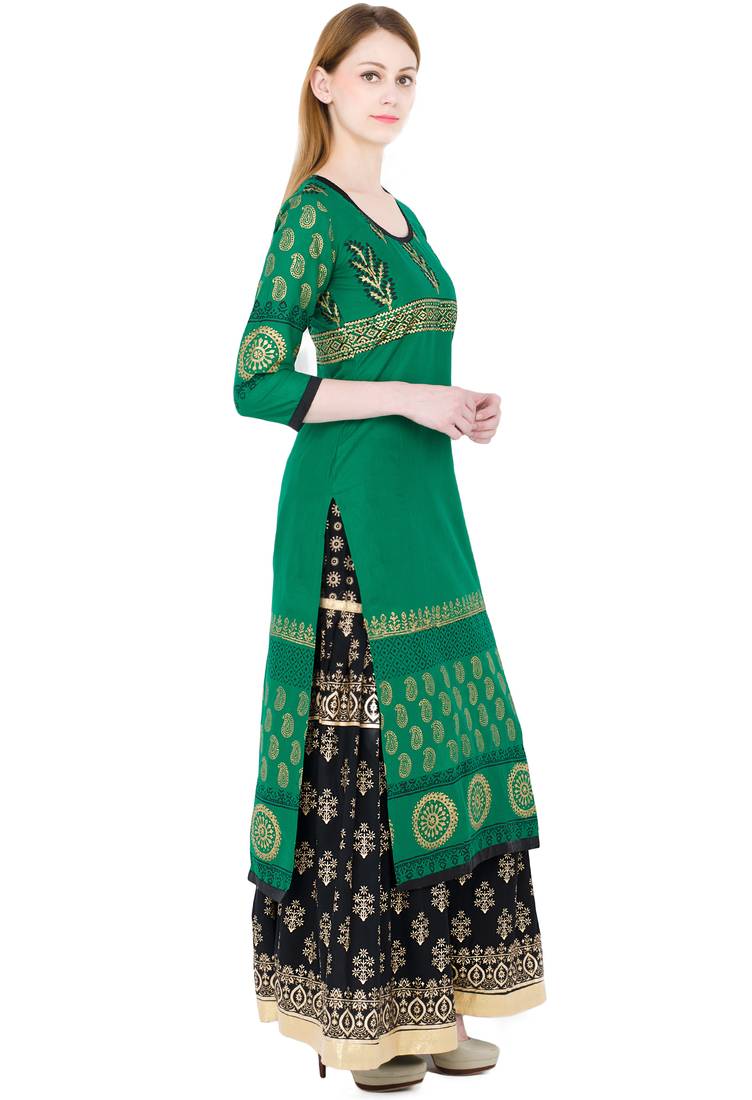 Green printed cotton long kurtis