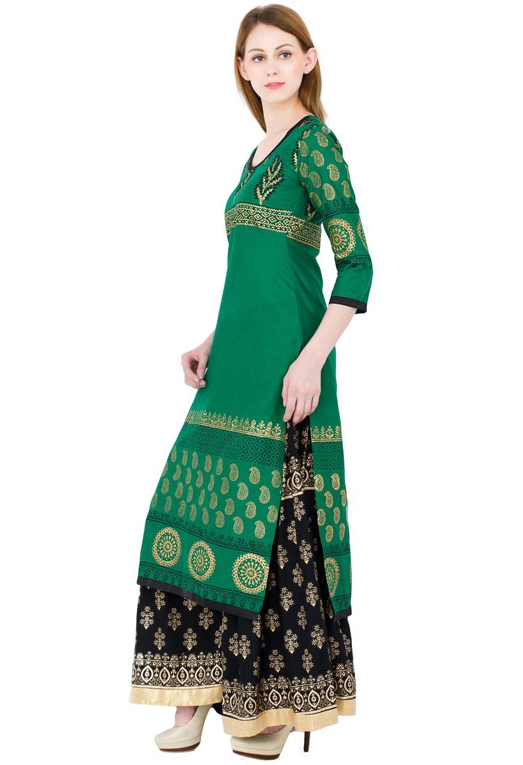 Green printed cotton long kurtis