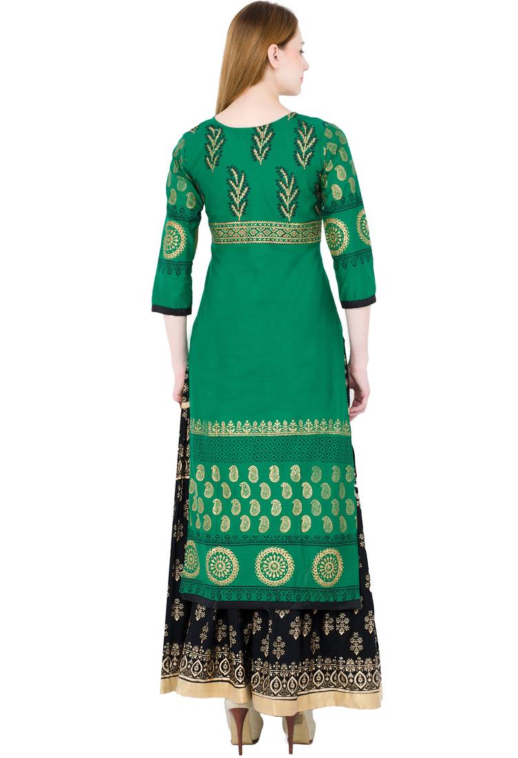 Green printed cotton long kurtis