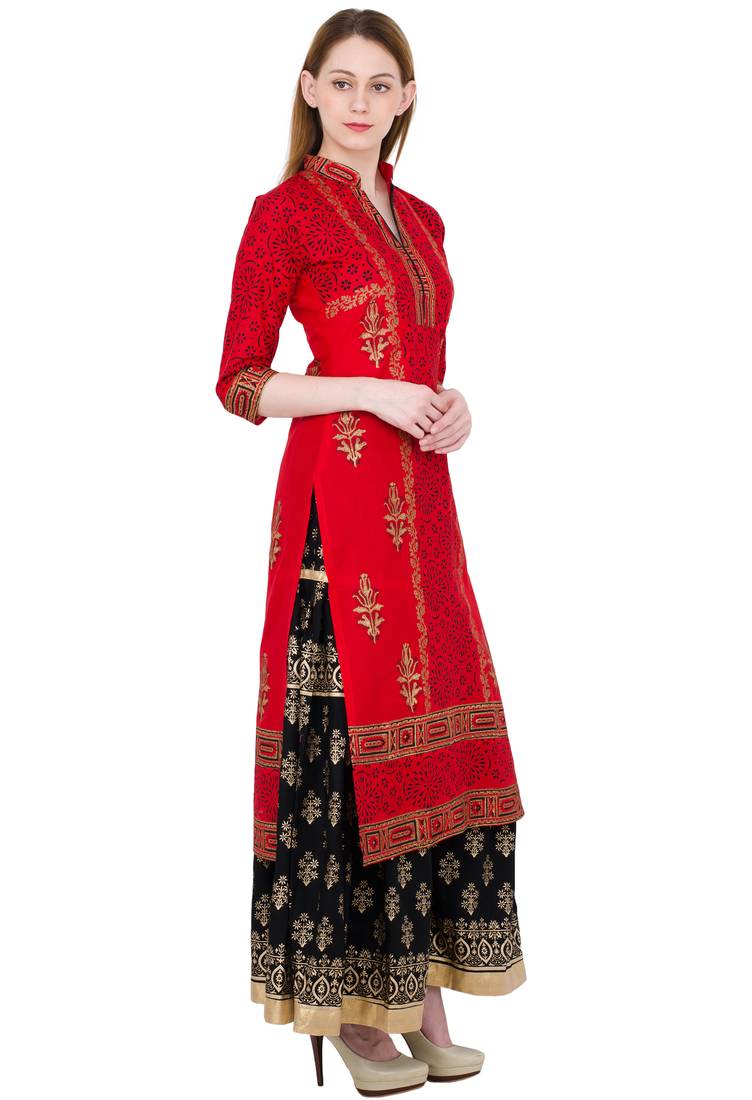 Maroon printed cotton long kurtis