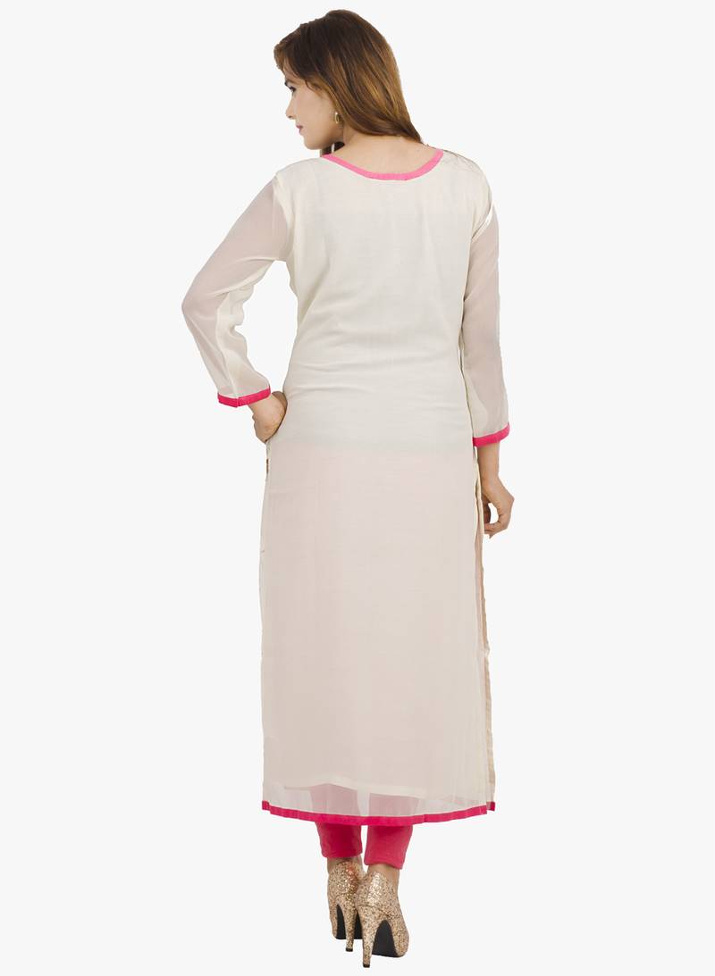 White embroidered georgette long kurtis