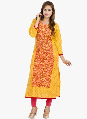 Yellow printed cotton long kurtis 1