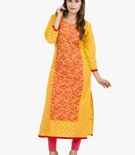 Yellow printed cotton long kurtis