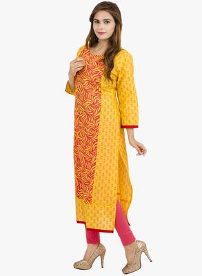 Yellow printed cotton long kurtis 2