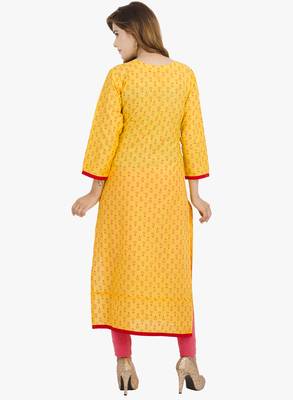 Yellow printed cotton long kurtis 3