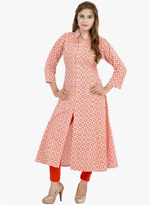 Cream printed cotton long kurtis 1