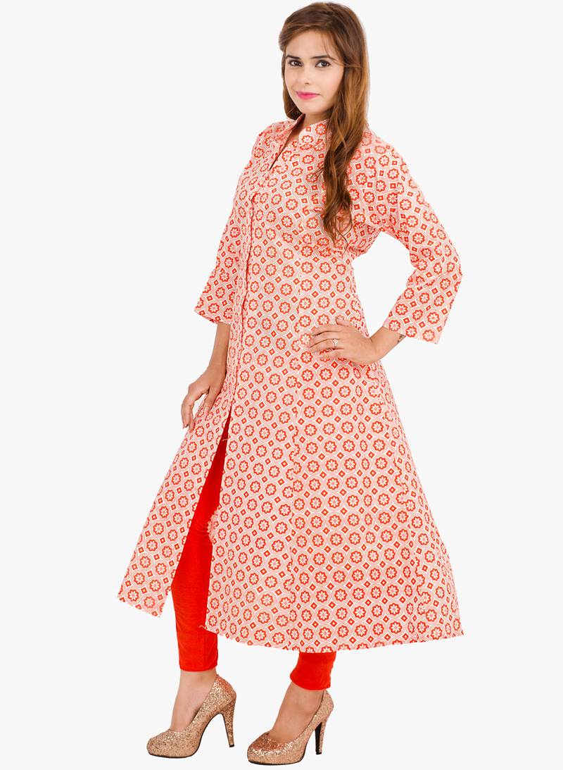 Cream printed cotton long kurtis