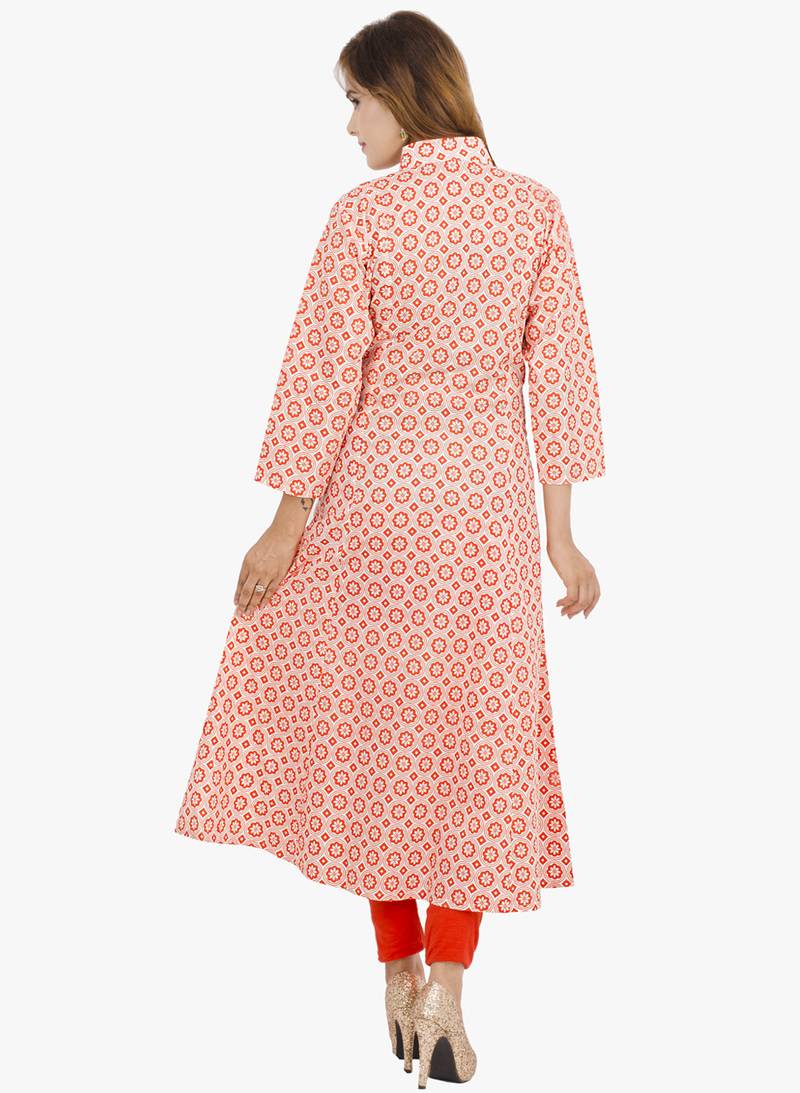 Cream printed cotton long kurtis