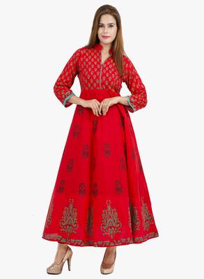 Red printed cotton long kurtis 1
