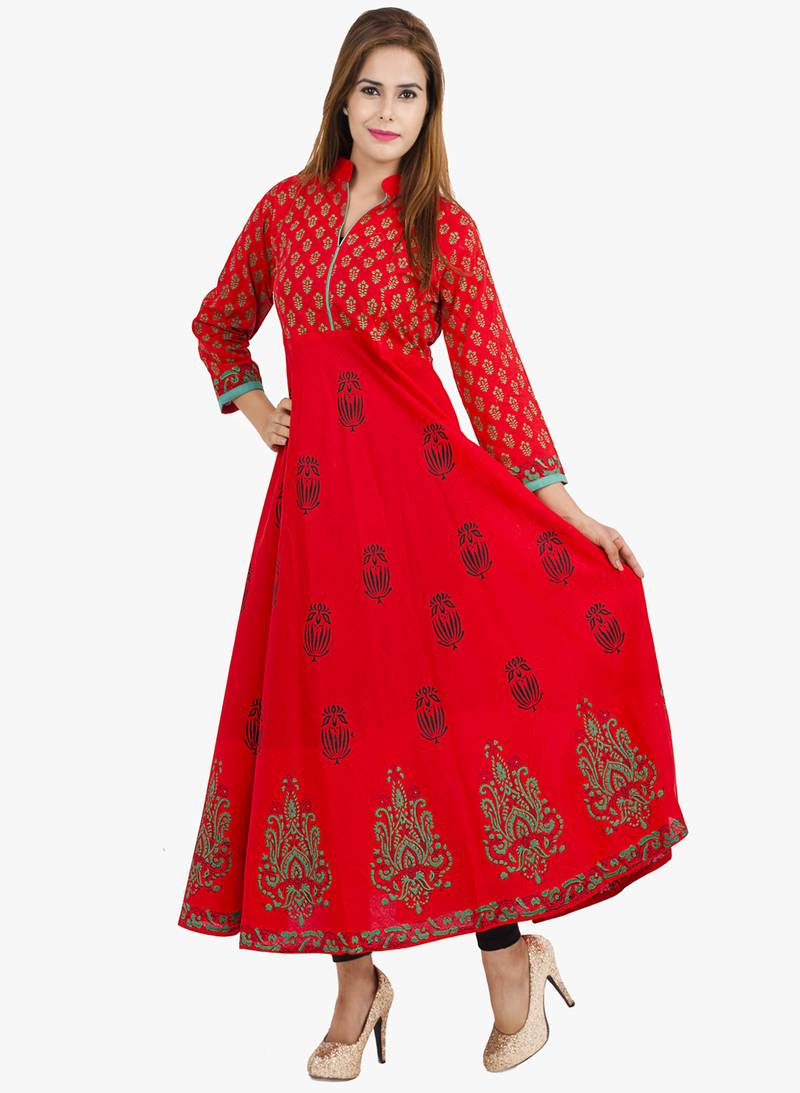 Red printed cotton long kurtis