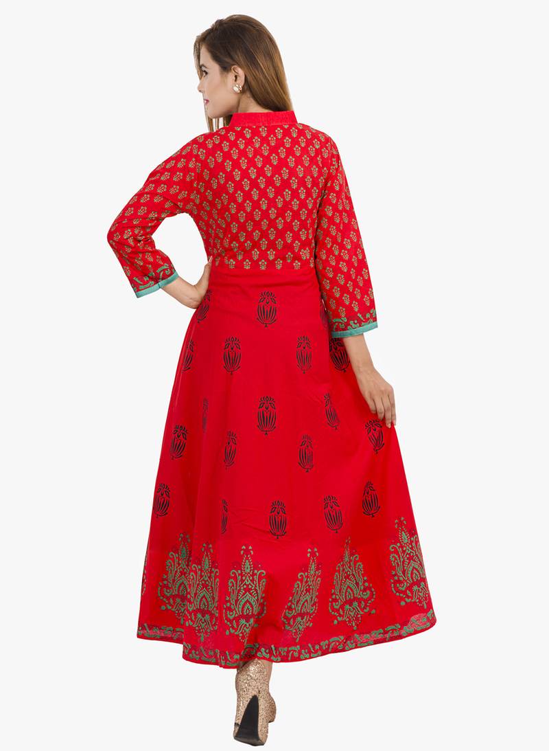 Red printed cotton long kurtis