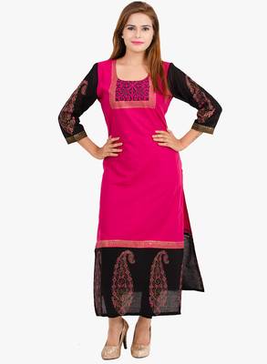 Pink printed cotton long kurtis 1