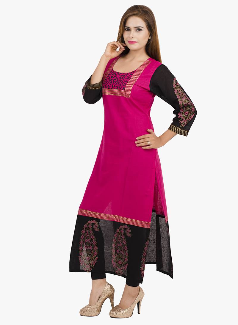 Pink printed cotton long kurtis