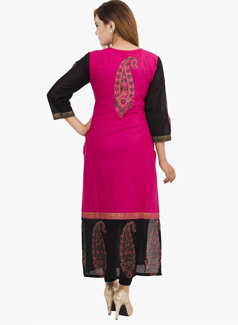 Pink printed cotton long kurtis