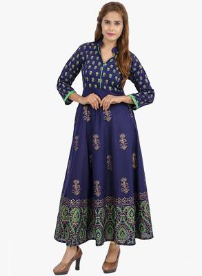 Navy blue printed cotton long kurtis 1