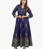 Navy blue printed cotton long kurtis
