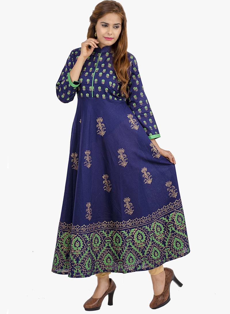 Navy blue printed cotton long kurtis