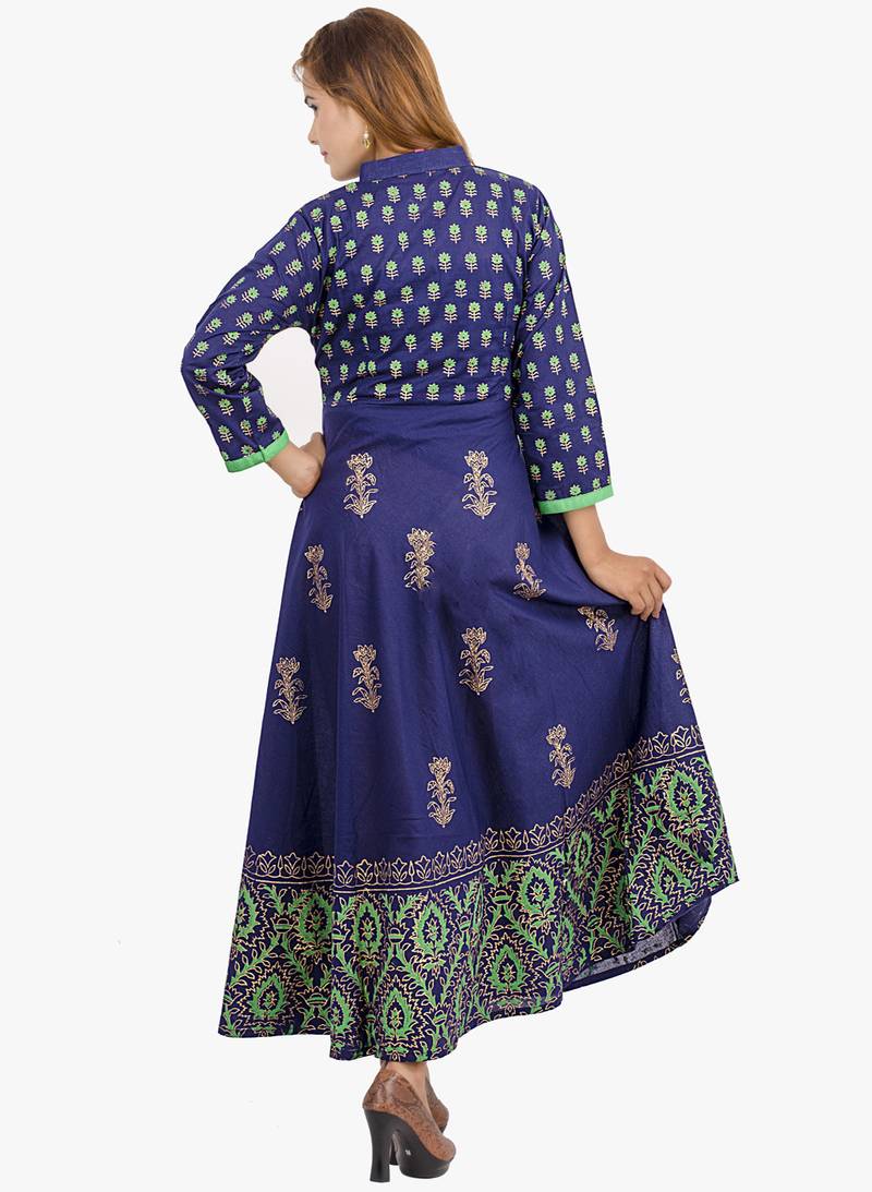 Navy blue printed cotton long kurtis