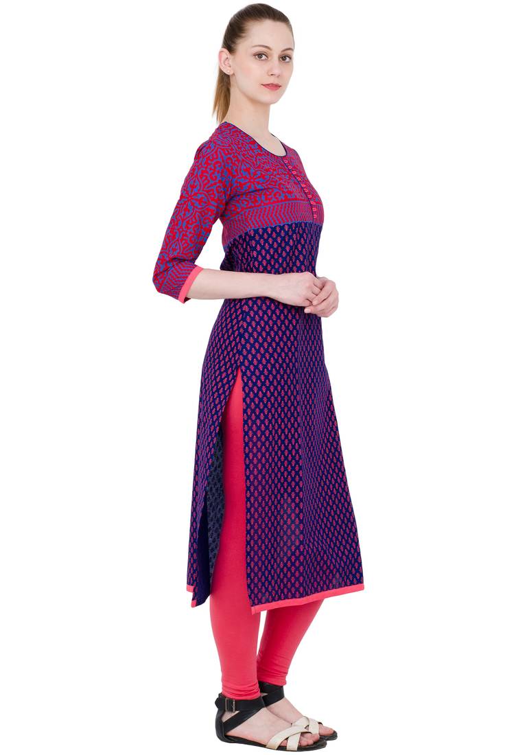 Blue printed cotton long kurtis