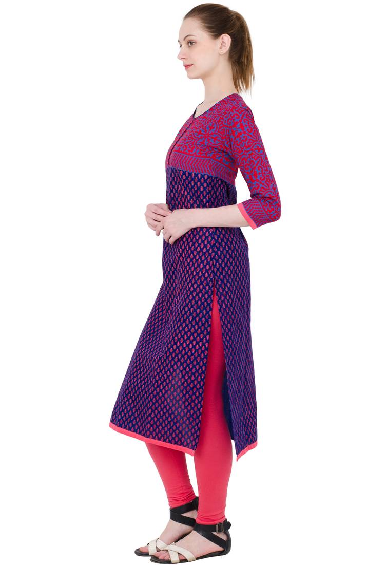 Blue printed cotton long kurtis