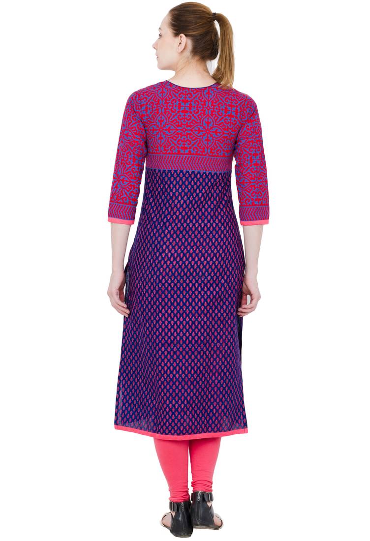 Blue printed cotton long kurtis