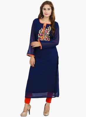 Blue embroidered cotton long kurtis 1