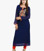 Blue embroidered cotton long kurtis
