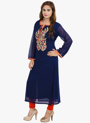 Blue embroidered cotton long kurtis 2