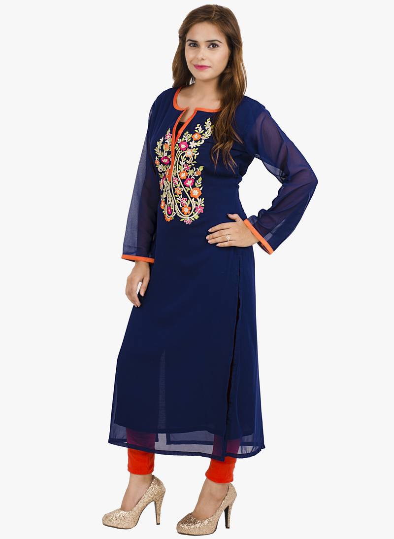 Blue embroidered cotton long kurtis