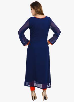 Blue embroidered cotton long kurtis 3