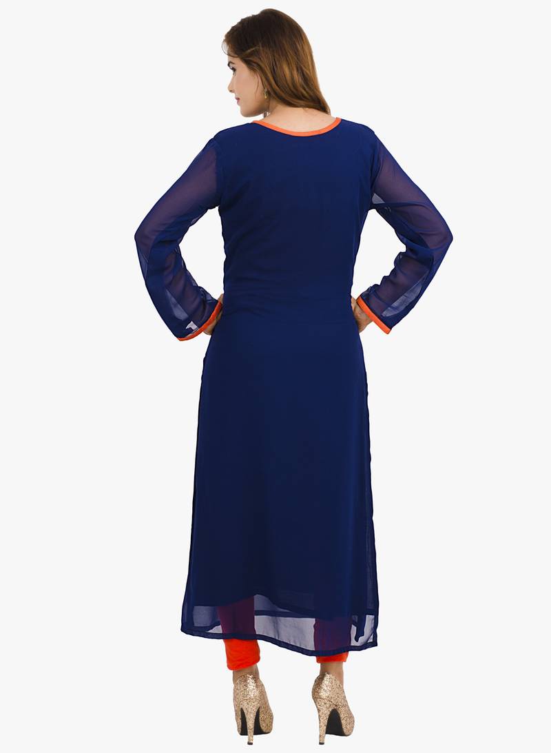 Blue embroidered cotton long kurtis
