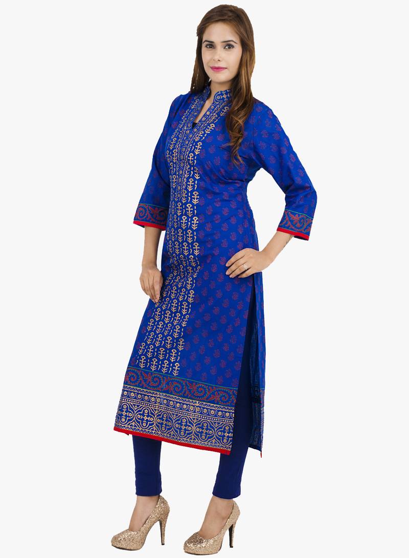 Blue printed cotton long kurtis
