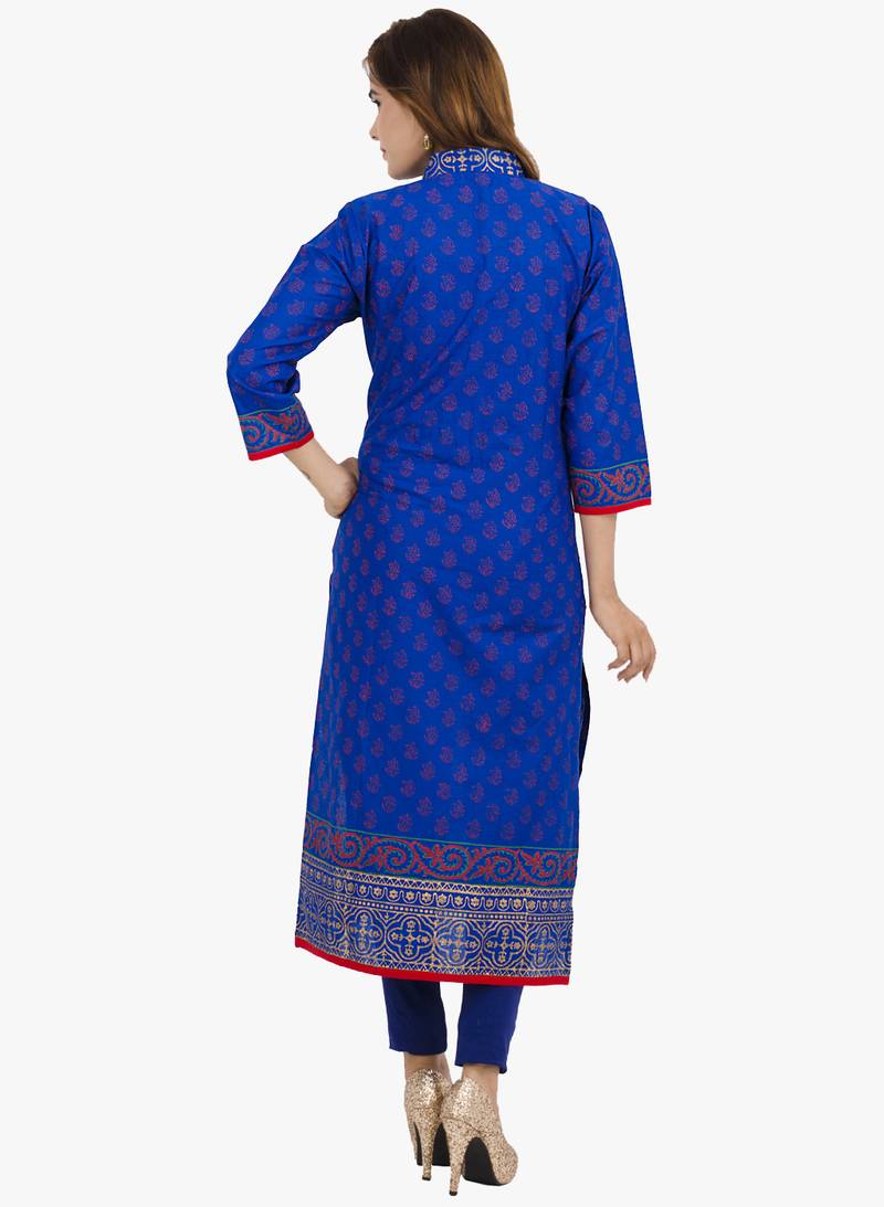 Blue printed cotton long kurtis