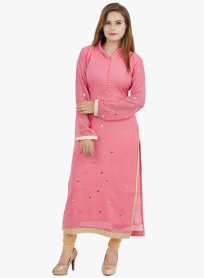 Pink embroidered georgette long kurtis 1