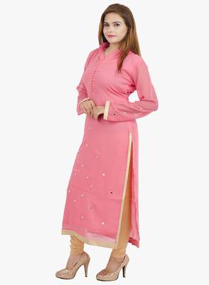 Pink embroidered georgette long kurtis 2