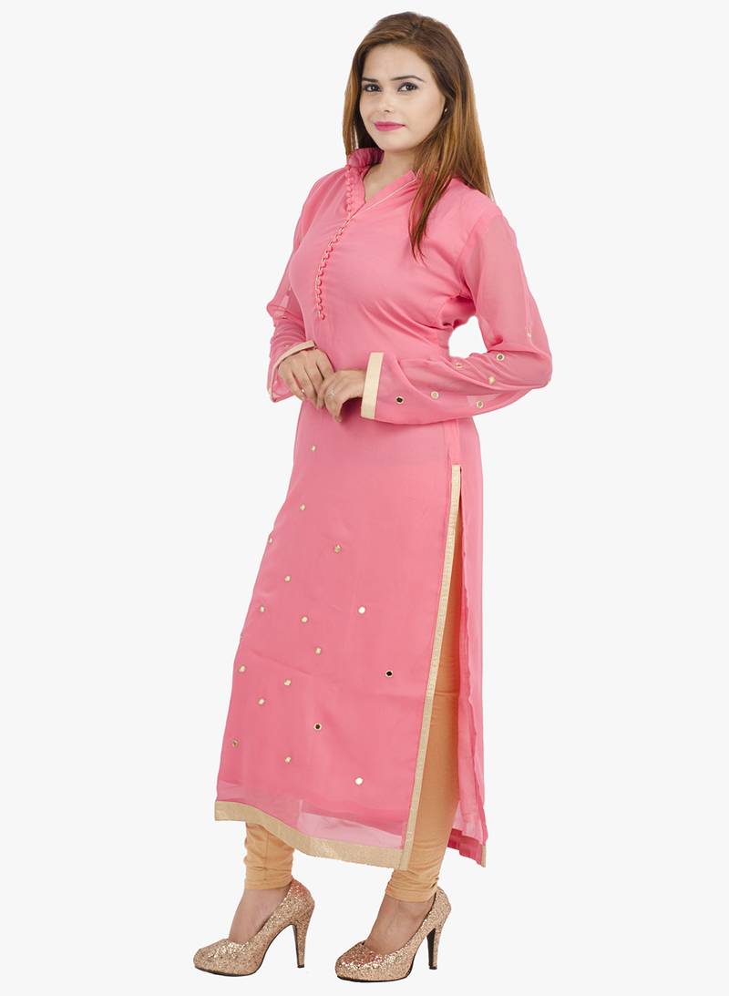 Pink embroidered georgette long kurtis