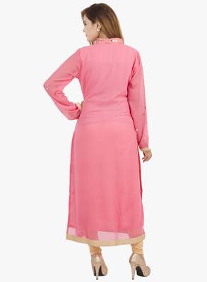Pink embroidered georgette long kurtis 3
