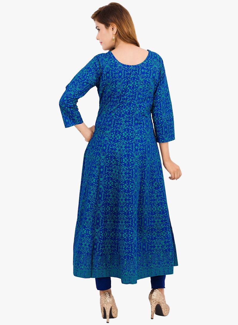 Blue printed cotton long kurtis