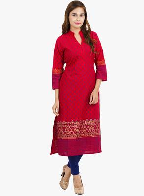 Light maroon printed cotton long kurtis 1