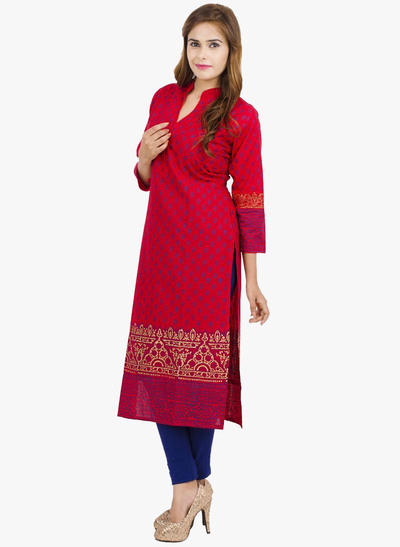 Light maroon printed cotton long kurtis