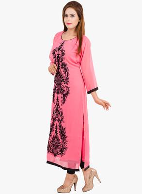 Pink embroidered georgette long kurtis 2