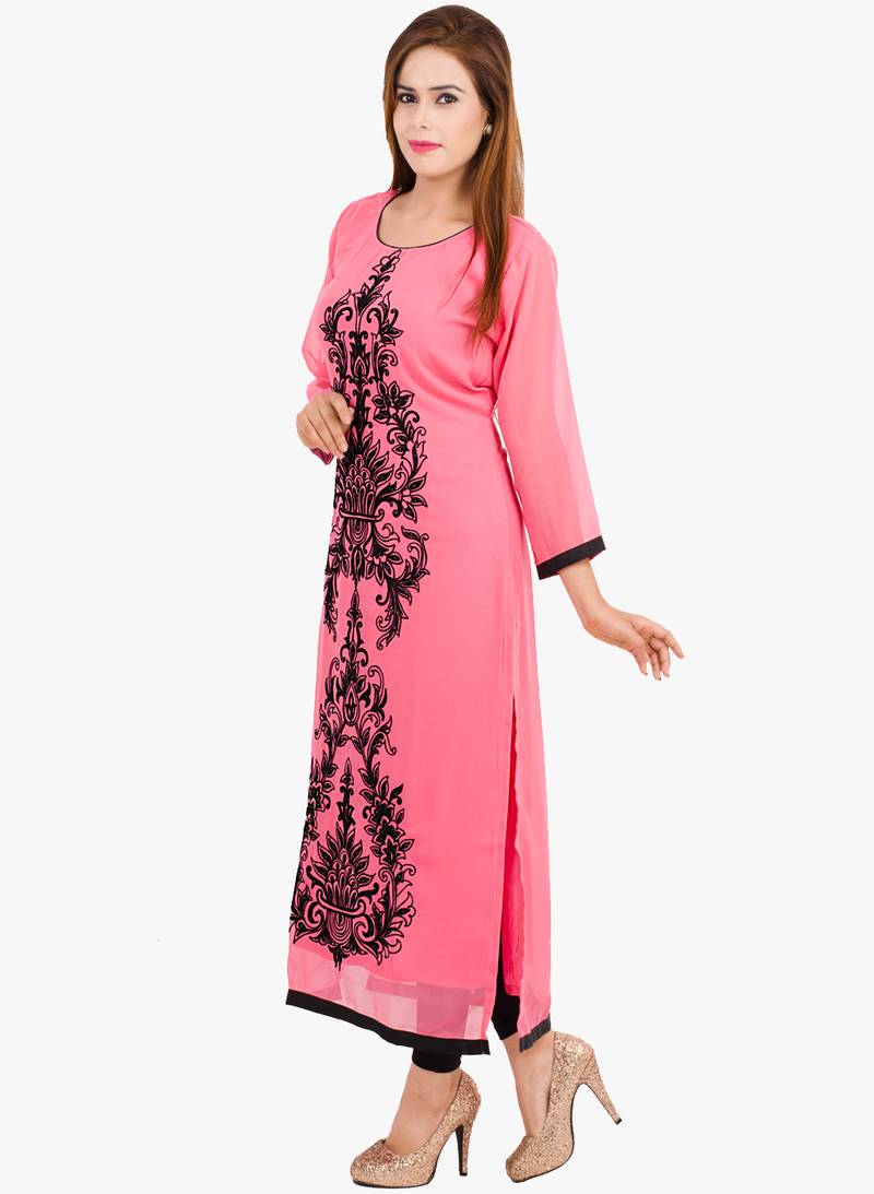 Pink embroidered georgette long kurtis