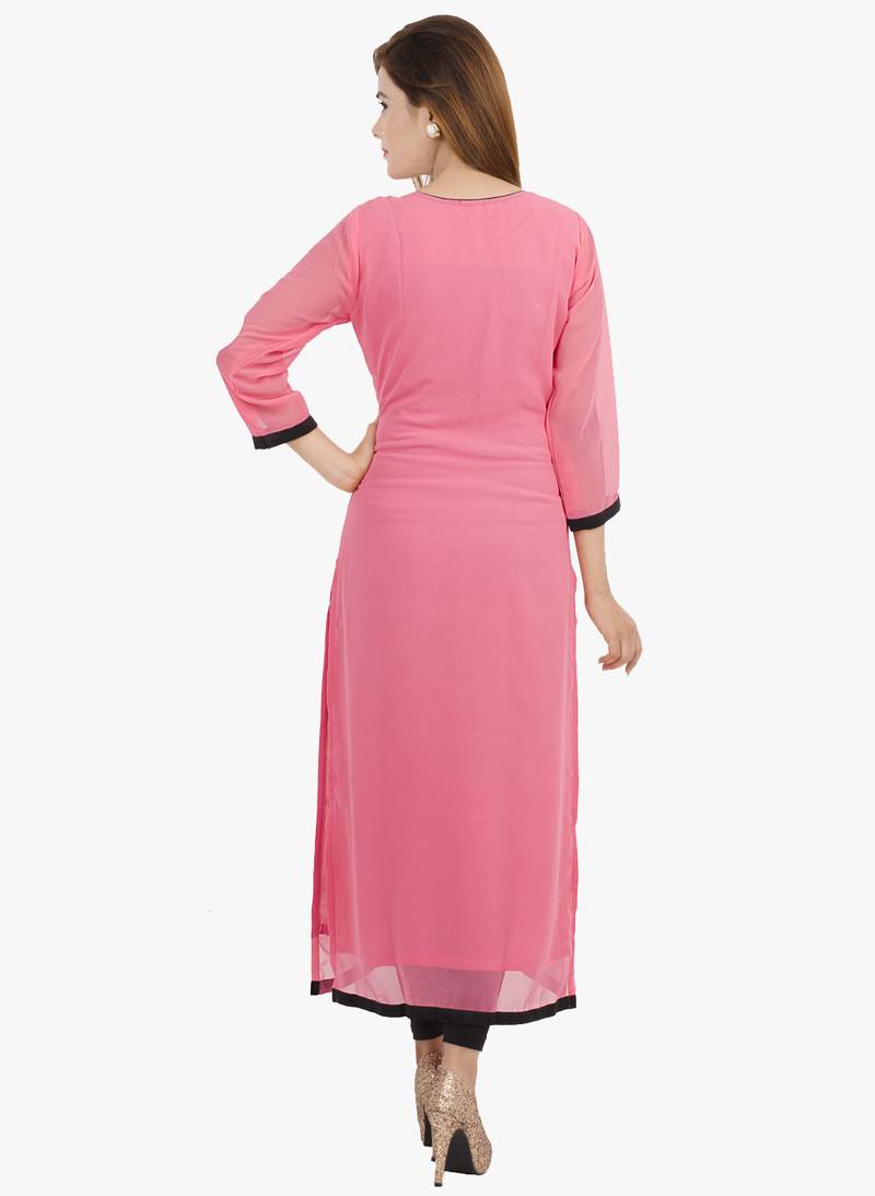 Pink embroidered georgette long kurtis