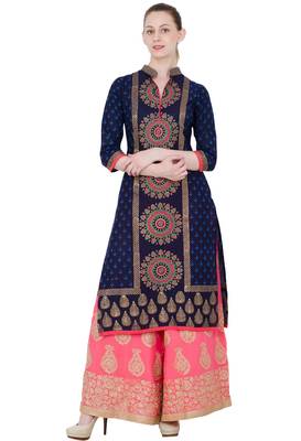 Navy blue printed cotton long kurtis 1